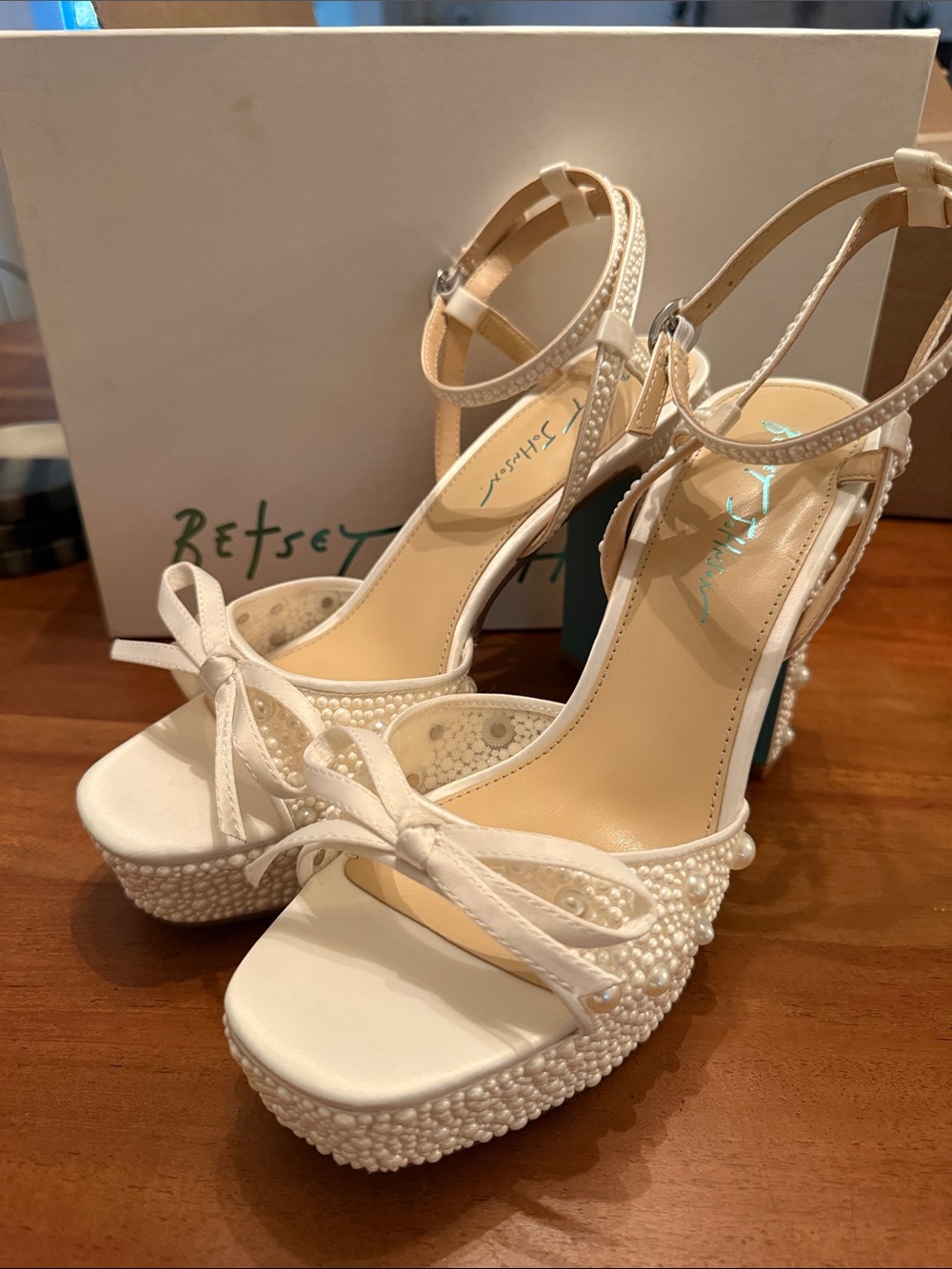Betsey Johnson White Pearl-Embellished Platform Heels with Bow